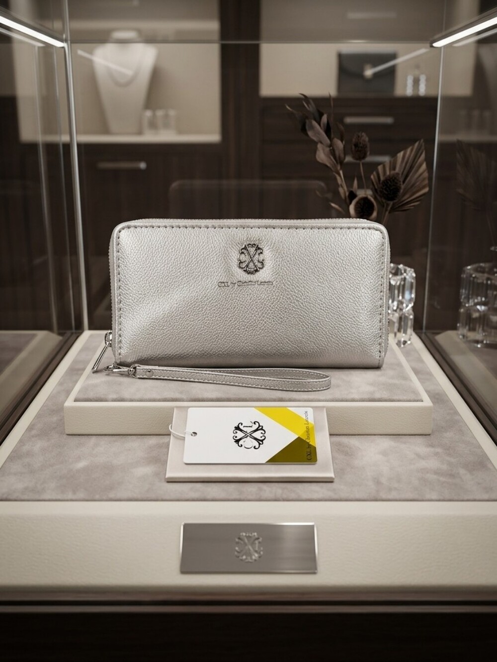 New Metallic Silver Wristlet Wallet Faux Leather Christian Lacroix Women Bags